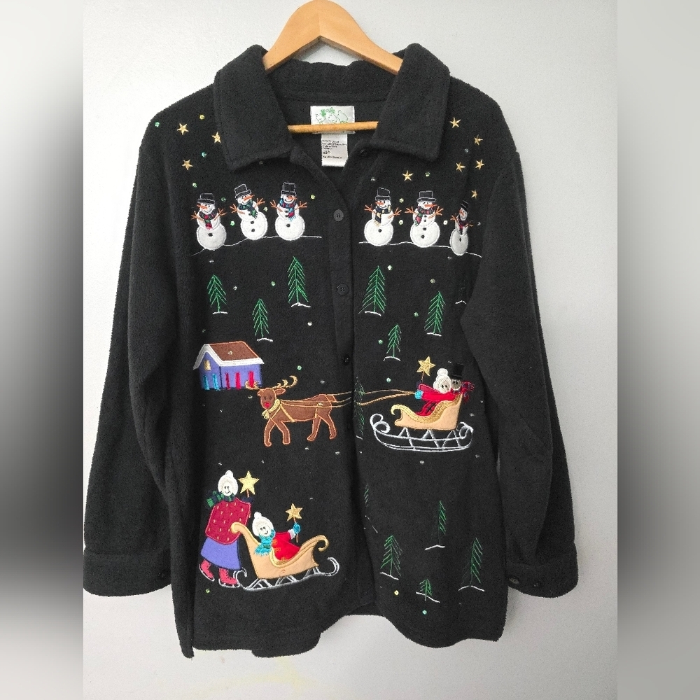 Vtg. The Quacker Factory Womens Snowman Christmas Reindeer Sweater Sz L Cardigan